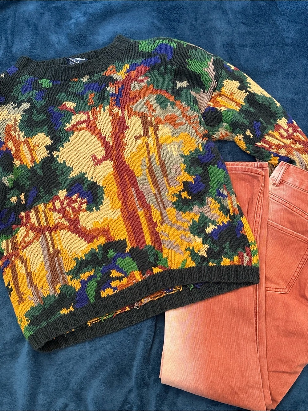 Vintage Best American Scenic Forest Landscape Knit Sweater Cotton Blend Large